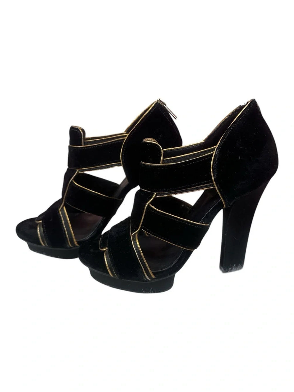 Tory Burch Carsonie Black Velvet Gold Piping Platform Heels Size 8